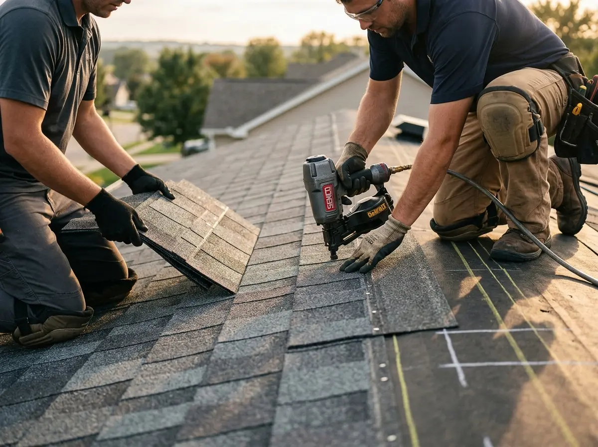 Professional roofer working on a residential roof in Long Beach